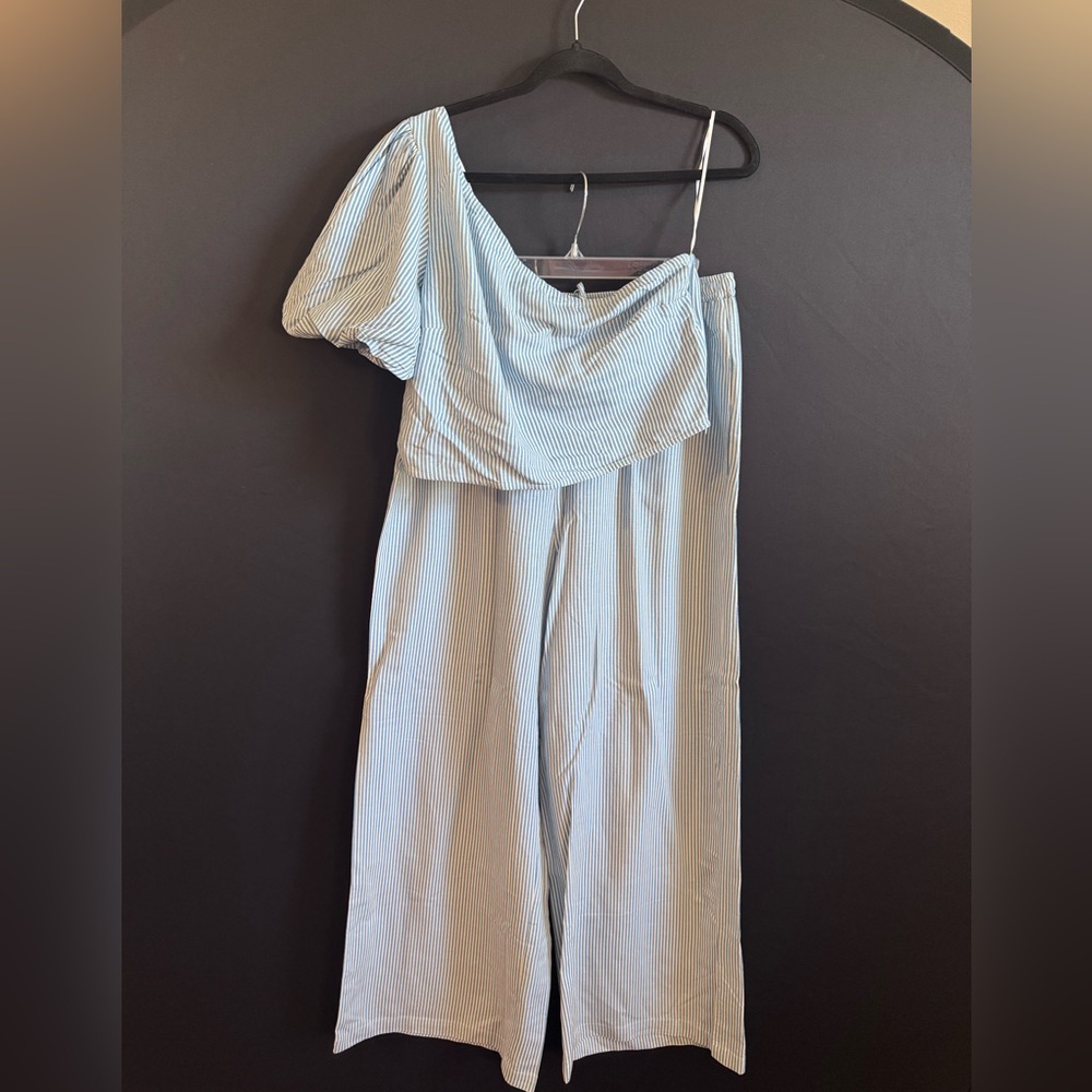VENUS Light Blue Striped One-Shoulder Wide-Leg Jumpsuit (2pc) NEW never worn